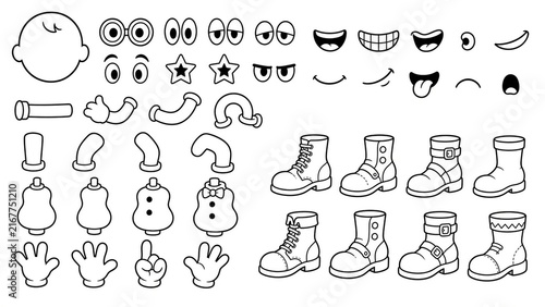 Cartoon character creation kit illustration with customizable face parts, hands and shoes for animated designs, children's drawing educational resource, playful creativity