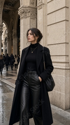 Vertical urban fashion photography capturing stylish woman in black ensemble walking through ornate historic city architecture for street style editorial
