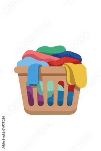 Hand-traced vector illustration of a wooden laundry basket overflowing with colorful clothes and garments, perfect for household chores and domestic lifestyle designs