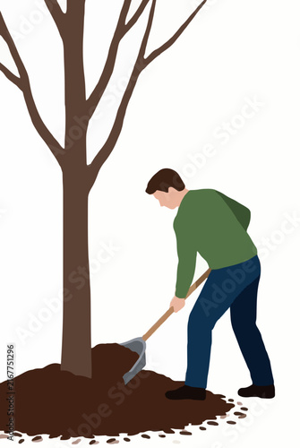 Hand-traced vector icon illustration of a gardener spreading dark mulch around the base of a bare tree, simple flat design with earthy tones for landscaping and yard care projects