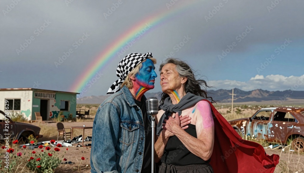 Fototapeta premium Two Painted Figures Under Rainbow in Desert Ruin Landscape