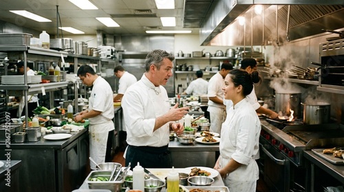 Chef in white uniform conversing with sous chef in busy commercial kitchen with stainless steel counters, steaming pots, and culinary team preparing dishes