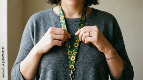 Close-up of woman adjusting green sunflower-patterned lanyard around neck, wearing gray sweater, hands clasping strap, soft natural lighting, candid lifestyle portrait, event badge accessory,