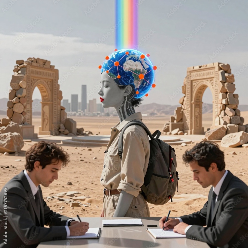 Fototapeta premium AI Humanoid in Desert Ruins with Business Meeting