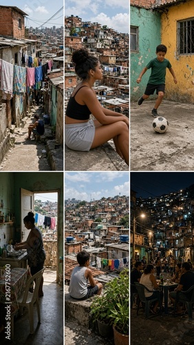 Vertical urban lifestyle photo montage depicting everyday life in vibrant Brazilian favela with diverse community interactions and atmospheric settings for cultural storytelling