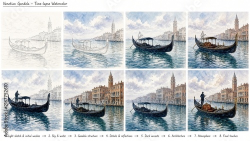 Step-by-step watercolor process depicting a gondola in Venice with reflections and rich architectural details in cityscape art tutorial presentation