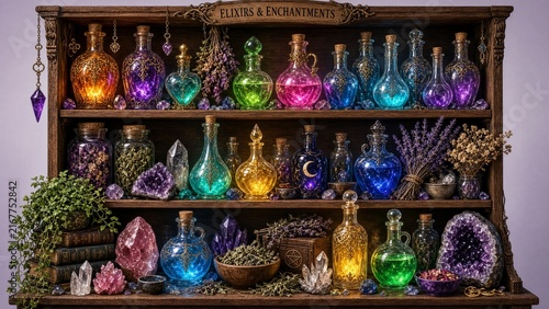 Fantasy magical realism digital art shelf displaying vibrant glass potion bottles filled with glowing enchanted elixirs surrounded by mystical gems and herbs perfect for fantasy novel cover