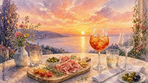 Impressionist watercolor Mediterranean aperitivo scene at sunset with charcuterie board and aperol spritz evoking rustic culinary travel experience