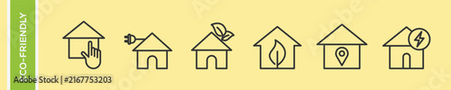 Eco Friendly Smart Green Home House Vector Icon Set, Electric Plug Power Leaf Energy Location Pin Linear Outline Symbols, Sustainable Ecology Real Estate Line Art Collection.