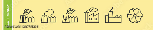 Eco Friendly Green Factory Industry Renewable Energy Vector Icon Set, Bio Plant Chimney Smoke Flower Linear Outline Symbols, Sustainable Ecology Manufacturing Line Art Collection.