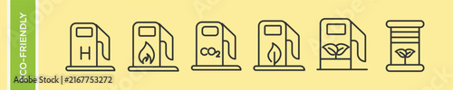 Eco Friendly Hydrogen Biofuel Gas Station Vector Icon Set, Alternative Green Energy Fuel Pump Carbon Emission Linear Outline Symbols, Sustainable Ecology Line Art Collection