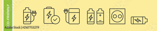Eco Friendly Renewable Energy Battery Charging Vector Icon Set, Electric Plug Power Bank Wall Socket Linear Outline Symbols, Clean Green Electricity Storage Line Art Collection