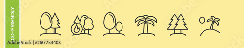 Eco Friendly Tree Forest Wildfire Palm Island Nature Vector Icon Set, Environmental Conservation Pine Wood Linear Outline Symbols, Green Ecology Landscape Line Art Graphics Collection.