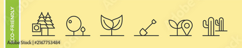 Eco Friendly Tree Planting Nature Gardening Vector Icon Set, Forest Conservation Sprout Shovel Cactus Linear Outline Symbols, Green Ecology Botanical Line Art Graphics Collection.