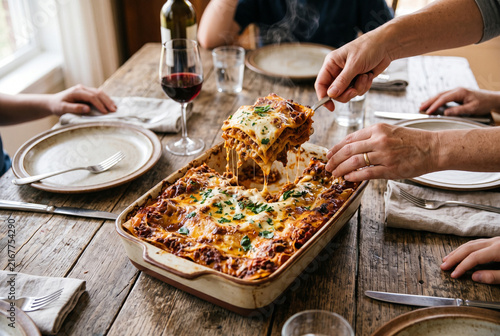 Hands lifting portion of authentic homemade italian lasagna from baking dish on wooden table