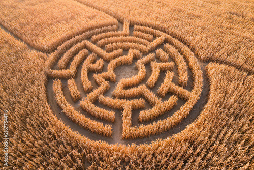Circular corn maze cut into a golden dried cornfield photographed from directly overhead by drone