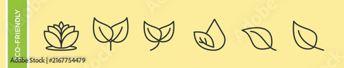 Eco friendly green leaf and nature vector icons set with lotus flower, organic foliage, water drop leaf, and botanical wellness symbols