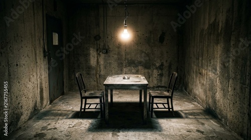 Dark concrete room with bare metal table and two empty chairs under single hanging bare light bulb, gritty interrogation or prison atmosphere, dystopian interior