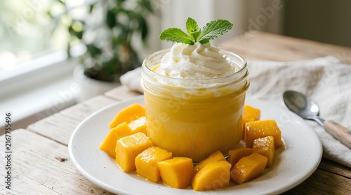 Bright yellow mango pudding in a clear glass jar topped with whipped cream and fresh mint sprig, served on white plate with diced mango cubes