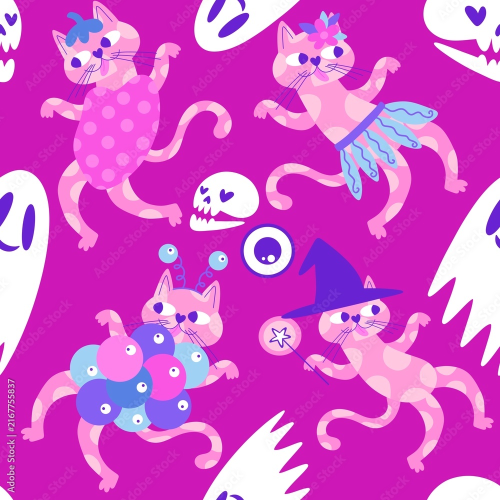 Naklejka premium Halloween animals seamless cats pattern for wrapping paper and fabrics and linens and kids clothes print
