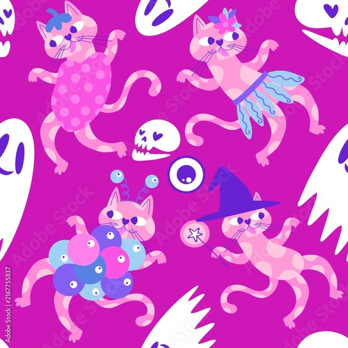 Halloween animals seamless cats pattern for wrapping paper and fabrics and linens and kids clothes print