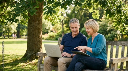 Middle-aged couple sitting on wooden park bench under leafy oak tree, casually discussing work on laptop and tablet in sunny green park setting during relaxed afternoon