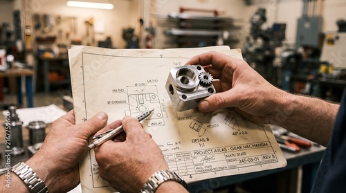 Engineer inspecting precision metal gear mechanism over technical blueprint in workshop