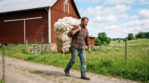 Bearded farmer in plaid shirt carrying large sack of white wool fleece near red wooden barn, sheep grazing in lush green pasture under blue summer sky, rural countryside lifestyle
