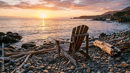 Empty wooden Adirondack chair on rocky ocean shore at golden hour sunset, driftwood scattered on pebble beach, warm sun casting long shadows over calm sea