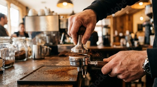 Barista tamping fresh ground coffee into metal portafilter with stainless tamper at rustic cafe counter, fine grounds scattered around