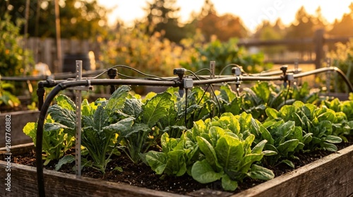 Close-up of automated raised garden bed with leafy greens growing under sensor irrigation system during golden hour sunset