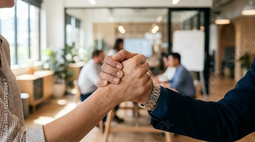 Close-up of diverse business partners clasping hands in firm handshake, soft bokeh of bright modern office with colleagues collaborating in background, teamwork concept