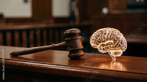 Wooden judge's gavel resting on polished courtroom bench beside a glowing translucent brain icon representing legal neuroscience and judicial decision making