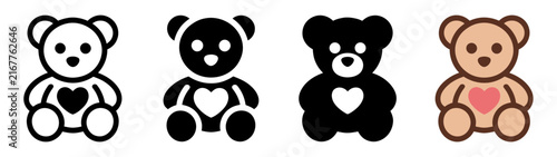 Cute teddy bear toy vector icon set with heart shape and outline designs