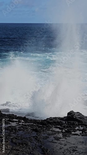 Close distance view of blowhole spouting water on Galapagos Islands vertical video
