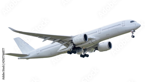 Photography Modern white passenger jetliner with landing gear extended, isolated on transpar