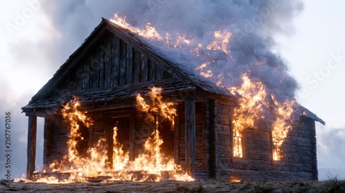 Old wooden cabin engulfed in intense flames with thick smoke rising against a cloudy sky during a destructive fire event in a rural setting