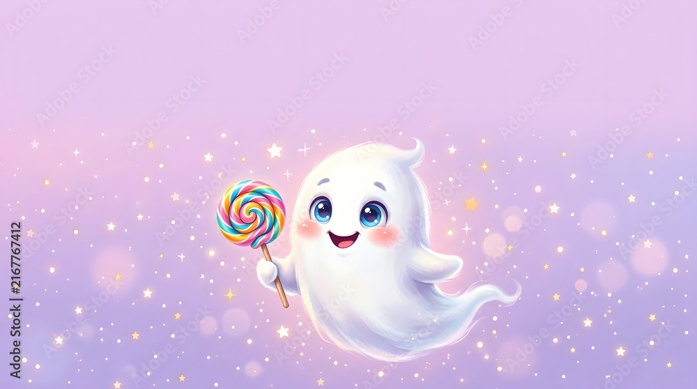 Obraz premium Cute Cartoon Ghost Holding a Colorful Swirl Lollipop on Pastel Purple Sparkly Background
