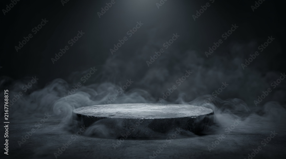 Fototapeta premium Dark empty concrete podium table platform with mystery dramatic smoke mist effect podium platform table concrete gray texture dark smoke mist haze studio backdrop background product display showcase