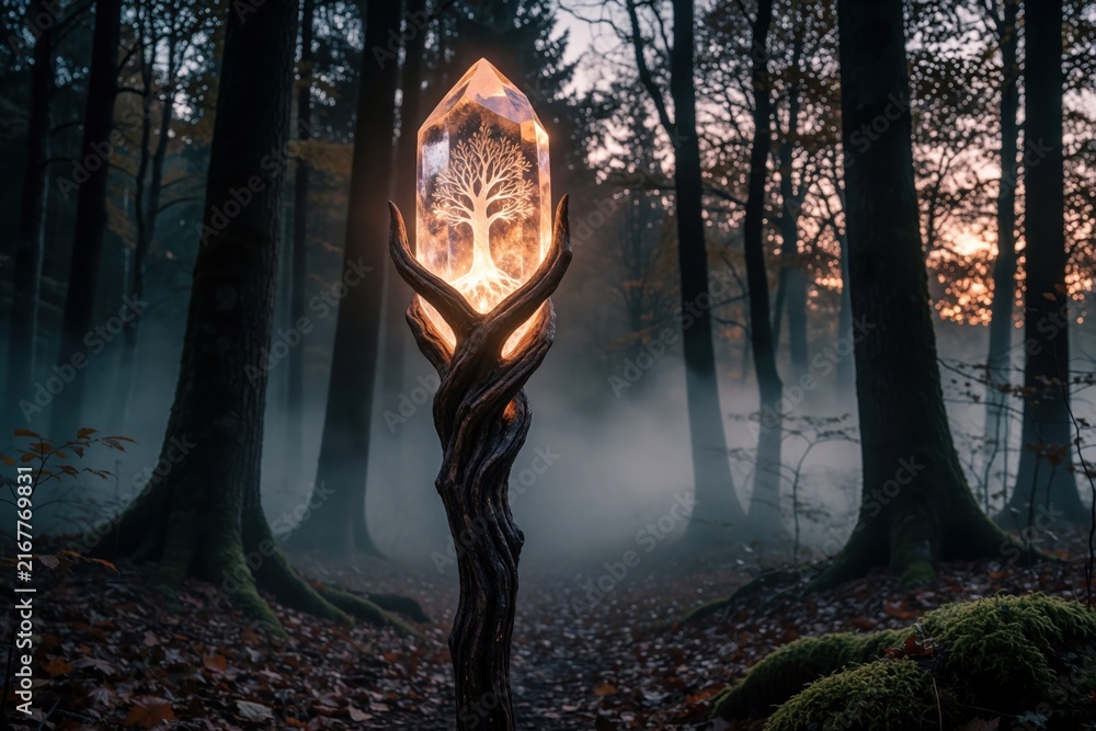 Fototapeta premium Glowing crystal staff with tree design rests in misty forest. Enchanting light emanates from magical object amidst twilight trees and fog. Mystical atmosphere in dark woods.