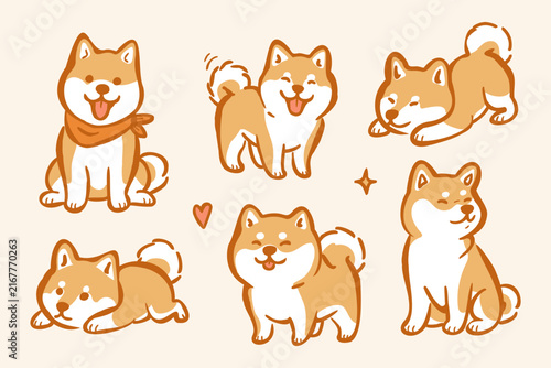 Cute Shiba Inu dog character set featuring playful, sitting, sleeping and stretching poses in a warm hand drawn cartoon style with simple expressive details.