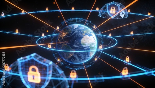 Futuristic Glowing Earth Protected by Encrypted Orbital Data Paths Digital Shields and Luminous Padlocks, Global Cybersecurity and Secure Information Exchange Concept, Premium 3D