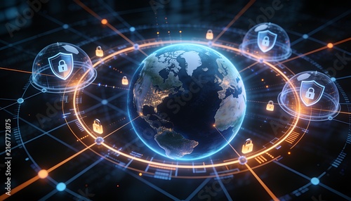 Futuristic Glowing Earth Protected by Encrypted Orbital Data Paths Digital Shields and Luminous Padlocks, Global Cybersecurity and Secure Information Exchange Concept, Premium 3D