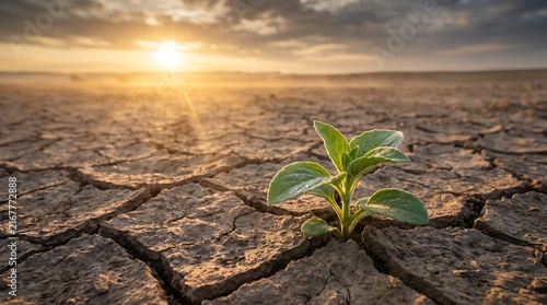 Ecological recovery and new beginning concept with plant seedling in cracked soil under sunrise sky