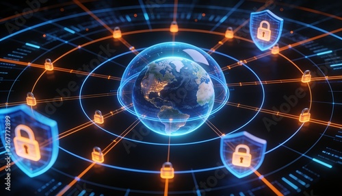 Futuristic Glowing Earth Protected by Encrypted Orbital Data Paths Digital Shields and Luminous Padlocks, Global Cybersecurity and Secure Information Exchange Concept, Premium 3D