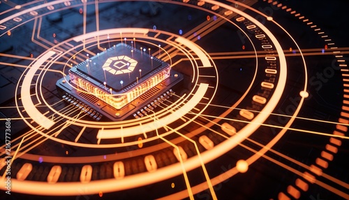 Futuristic Quantum Processor Protected by Holographic Security Rings with Encrypted Particles and Glowing Data Connections, Advanced Cybersecurity Defense System, Premium Cinematic 3D