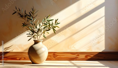 Earthen vase with olive branches bathed in sunlight against a wall.