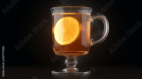 Black tea with lemon slice in glass