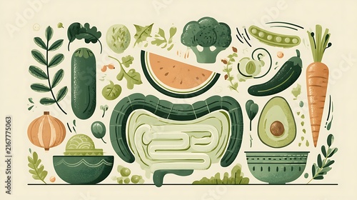 Stylized flat illustration of fresh vegetables surrounding a human intestine. Concept for healthy digestion and gut health nutrition.