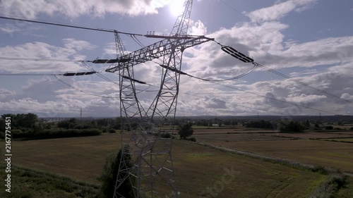 Aerial drone view of high voltage power transmission pylon against dramatic sky in smart energy grid